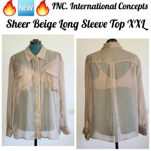INC Sheer Beige Long Sleeve Button Up Top XXL